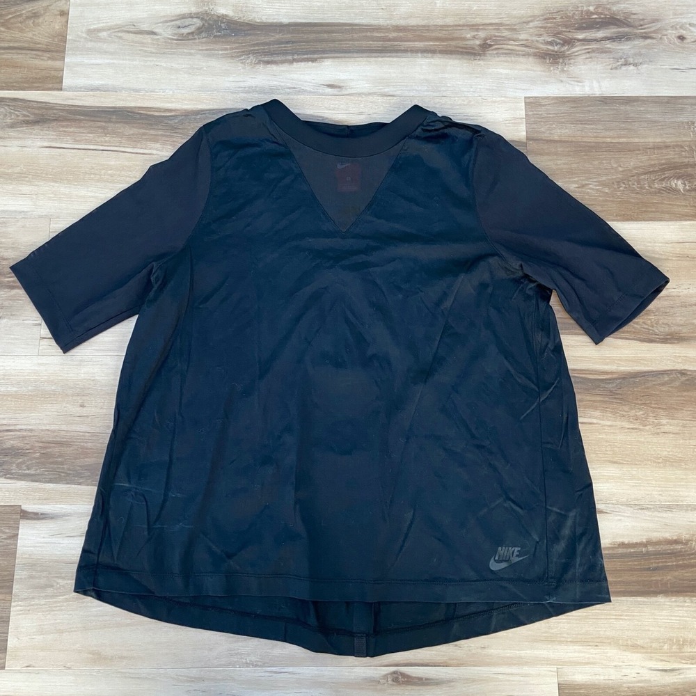 Nike Mesh V-Neck T-Shirt Size L Black Activewear Cotton Blend Short Sleeve Top